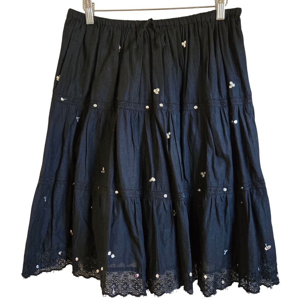 Nolita Black Cotton Tiered Eyelet Sequin Midi Skirt Womens Large Boho Lined NWOT